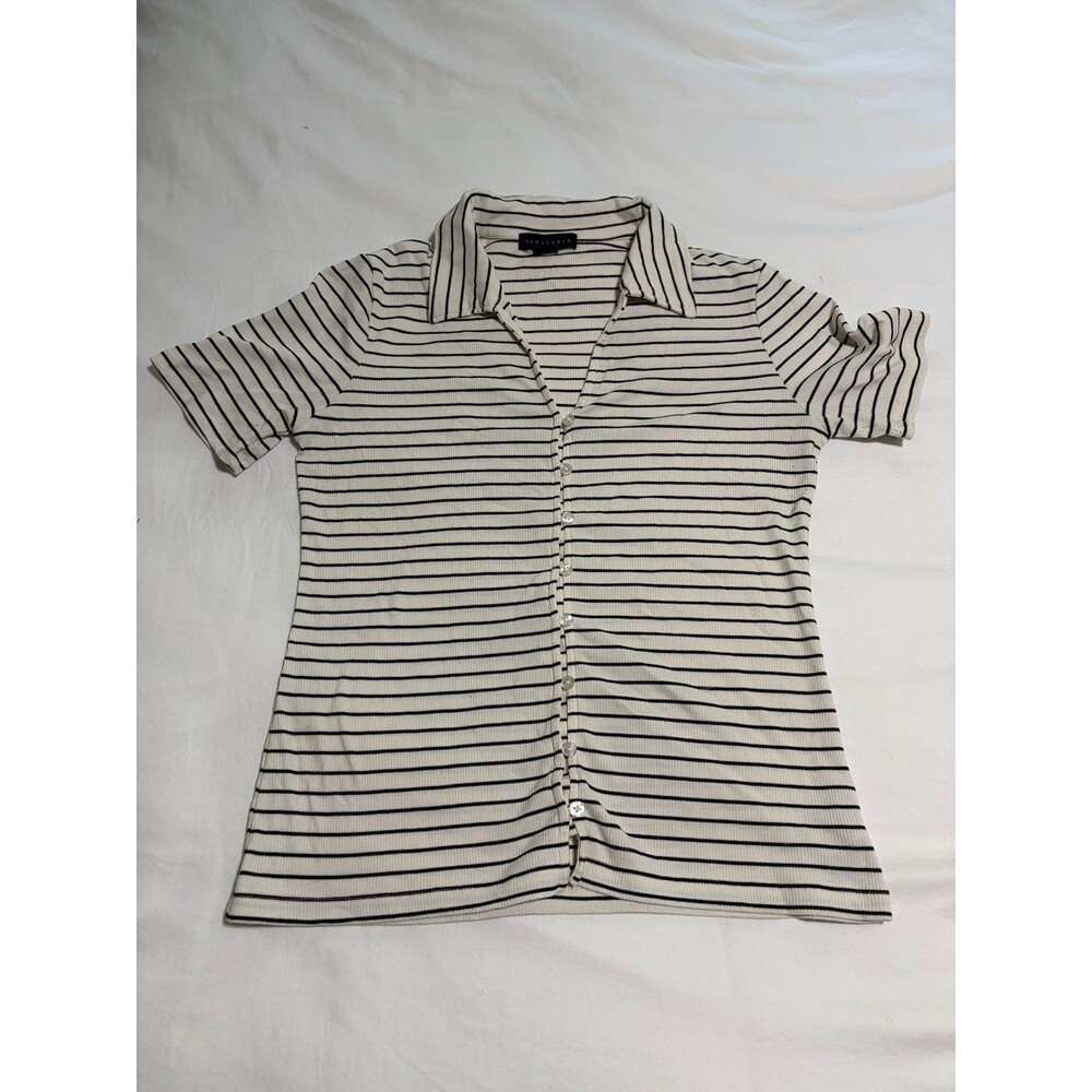 Sanctuary Women's Striped Ribbed Polo Top Size M Cream Black Button Front Short